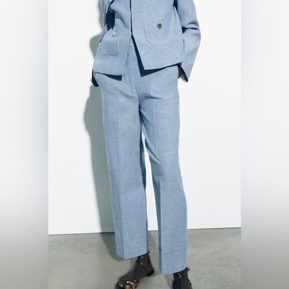 Zara Blue TURNED UP CUFF STRAIGHT LEG PANTS - Picture 1 of 11